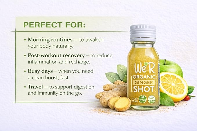 WE'R Organic GINGER Shot Certified Organic &amp Non-GMO. 2Fl Oz Each (12 Pack / 24Fl Oz Total)