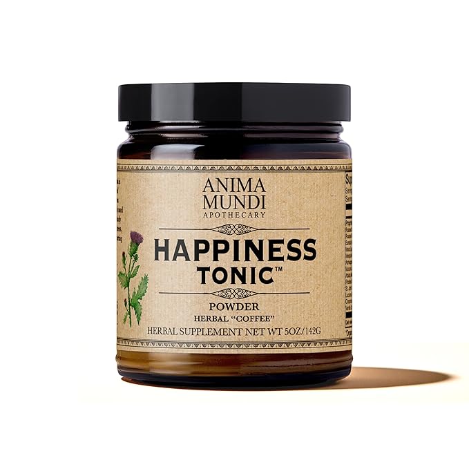 Anima Mundi Apothecary Herbal Coffee Substitute with Chicory Root &amp Ashwagandha Powder - Happiness Tonic Coffee Powder - Adaptogenic Caffeine Free - Maca St. John's Wort &amp More (5oz / 141g