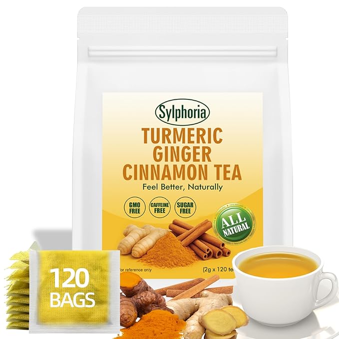 120 Bags Premium Turmeric Ginger Cinnamon Tea Bags Premium Natural Ingredients Turmeric Ginger Herbal Blend with Cinnamon No Sugar Caffeine-FreeTurmeric Ginger Cinnamon Tea（1Pack/120Bags）