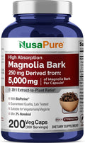 NusaPure Magnolia Bark 20:1 Extract 250 mg Equivalent to 5000 mg 200 Vegan Vegetarian Capsules Non-GMO