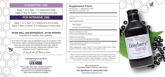 Elderberry Queen Organic Elderberry Syrup 24 Fl Oz - Immune Support Formula with Sambucus Black Elderberry &amp Aronia Berry - Pure Natural Certified Organic Elderberry Syrup for Kids and Adults