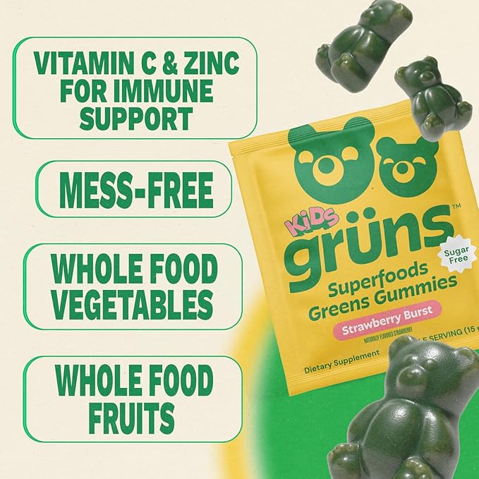 Gruns Multivitamin for Kids Sugar-Free Super Greens Superfood Gummy Bears with 20 Vitamins &amp Minerals Alfalfa Spirulina Chlorella Prebiotics Fiber for Digestive Health Adaptogens 28 ct
