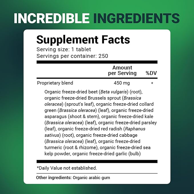 Dr. Berg's Greens Superfood Cruciferous Vegetable Tablets - Vegetable Supplements for Adults w/ 11 Phytonutrient Super Greens Tablets - Energy Immune System &amp Liver Veggie Tablets - 250 Tablets