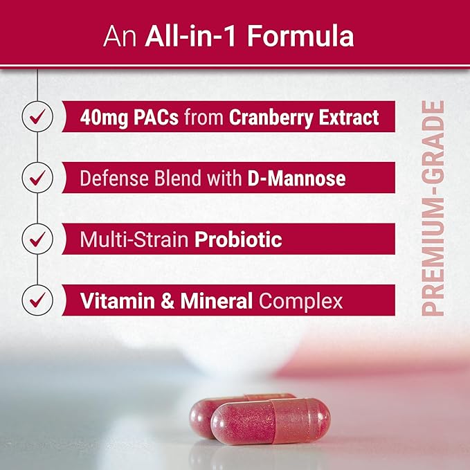 Urinary Tract Defense with Cranberry PAC D-Mannose Probiotics &amp Vitamins | UTI Avoidance &amp Bladder Support Supplement | Most Powerful Cranberry Pills for Women &amp Men | USA Manufactured |