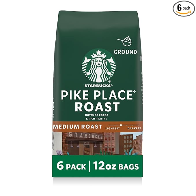 Starbucks Ground Coffee Medium Roast Hot or Iced Coffee Pike Place Roast Six 12 oz Bags