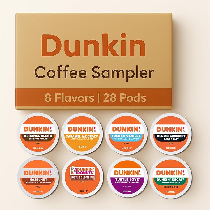 Dunkin K-Cup Variety Pack: 28 Keurig Coffee Pods 8 Flavors Medium &amp Dark Roasts Flavored K Cups - Hazelnut French Vanilla Caramel Turtle Love Coffee Kcups with Recipe eBook (28units 8 Flavo