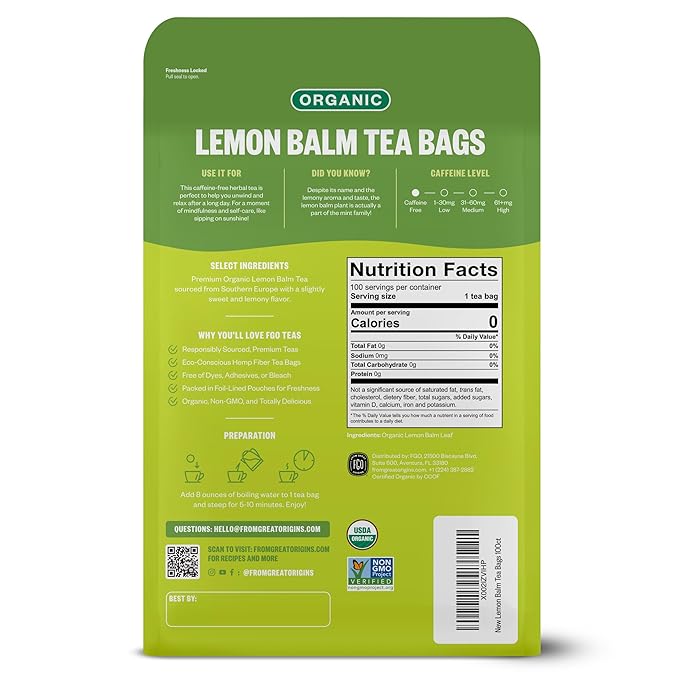 FGO Organic Lemon Balm Tea 100 Count Eco-Conscious Herbal Tea Bags Resealable Bag Caffeine Free Packaging May Vary (Pack of 1)