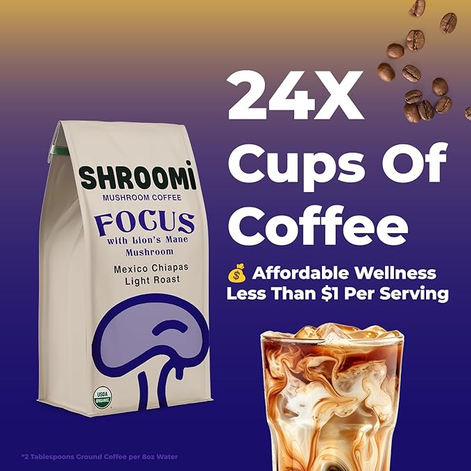 Shroomi Award-Winning Mushroom Focus Coffee - 16000mg Lions Mane Blend | Organic Brain Coffee Ground with Reishi and Chaga | Mental Clarity and Calm Energy | Light Roast for Creative Flow | 10oz