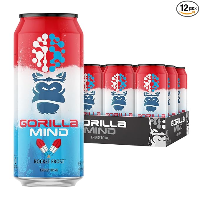 Gorilla Mind Energy Drink | Unmatched Energy · Amplified Focus | N-Acetyl-L-Tyrosine Alpha-GPC 200mg Caffeine Uridine Saffron | 0 Sugar Or Artificial Colors | 16oz 12-Pack (Rocket Frost)