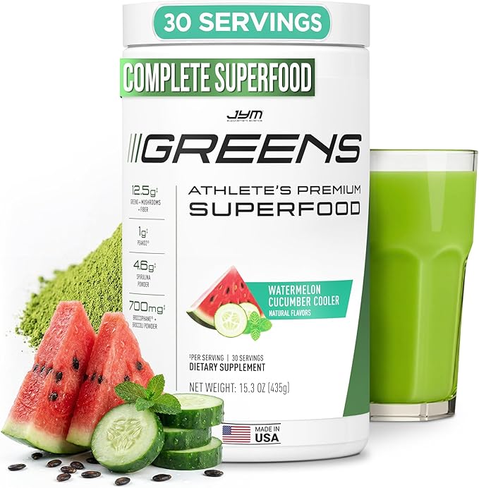 JYM Greens Super Food Powder for Performance Watermelon Cucumber Spirulina Mushrooms Vitamins BroccoPhane &amp Broccoli Men &amp Women 30 Servings