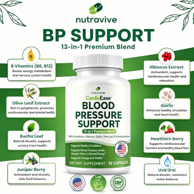 Nutravive 13-in-1 Heart Health Supplement – Supports Healthy Circulation &amp Blood Pressure Levels – with Hawthorn Garlic Olive Leaf Hibiscus B12 Juniper Green Tea and More |GMP|90 Capsules|