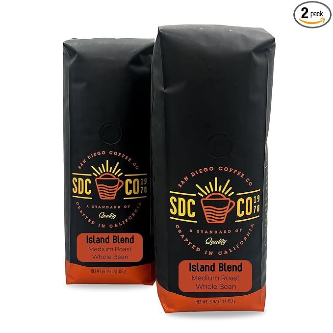 San Diego Coffee Island Blend Medium Roast Whole Bean Coffee 16-Ounce Bags (Pack of 2) Café en grano tostado