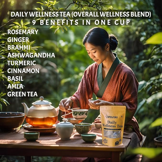 Sampuraka Daily Wellness Tea – Herbal Tea for Immunity &amp Relaxation Support with Turmeric Ashwagandha Ginger | Organic Caffeine-Free (60 Pyramid Tea Bags)