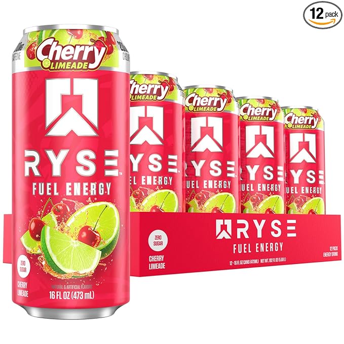 RYSE Fuel Energy Drink - Cherry Limeade - Sugar Free Gluten Free &amp Vegan - 200mg Natural Caffeine Taurine &amp Choline for Focus &amp Energy - No Artificial Colors - 16 fl oz Cans (12-Pack)