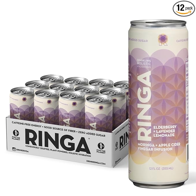 RINGA Elderberry Lavender Lemonade Sparkling Drink – Organic Moringa + Apple Cider Vinegar with 3g Prebiotic Fiber – No Added Sugar No Natural Flavors – Gut Health &amp Immunity Support – 12oz Cans
