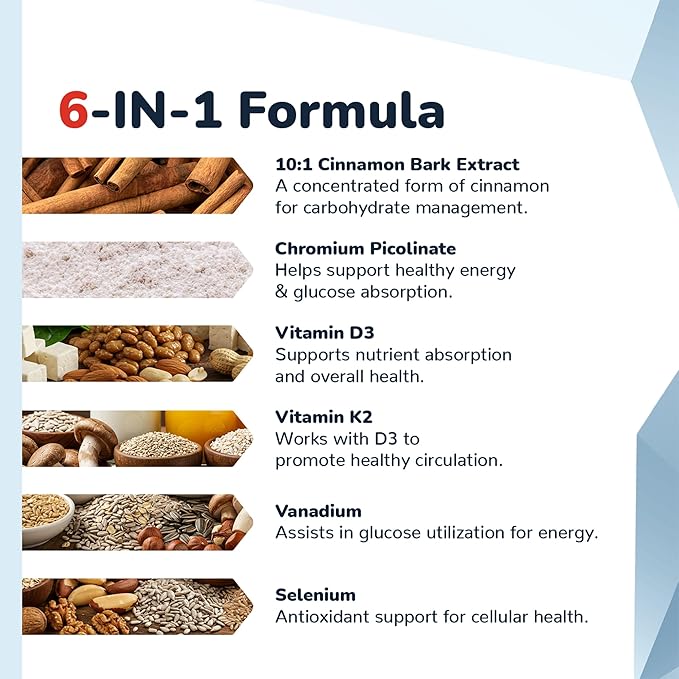 CinnaChroma Capsules - Cinnamon Supplements with 10:1 Extract Chromium Vanadium Selenium Vitamin D3 &amp K2 - Natural Sugar Blocker - 30 Capsules 1 Month Supply