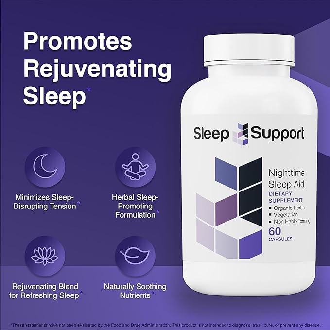 SleepSupport - Natural Sleep Aid for Adults to Help Promote Calm and Relaxation - Organic Sleep Supplement with Ashwagandha Valerian Root Magnesium Melatonin Glycine L-Tryptophan - 60 Capsules
