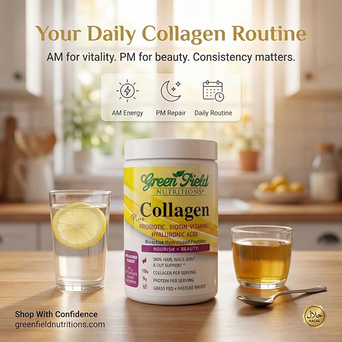 Greenfield Nutritions Halal Collagen Peptides Powder - 9g Halal Protein Probiotic Biotin Hyaluronic Acid &amp Vitamin C - 270g Halal Collagen for Women &amp Men - Supports Hair Skin Nails Joint