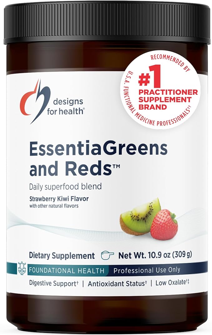 Designs for Health EssentiaGreens and Reds (Strawberry Kiwi 30 Servings) Vegan Superfood Powder with Spirulina Kale Apple &amp More for Daily Nutrition and Digestive Health