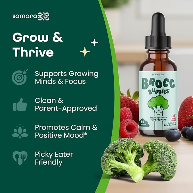 Broccoli Sprouts Sulforaphane Liquid for Kids – Activated BroccoRaphanin + Myrosinase – Broccoli Supplement Sulforaphane Glucosinolate – Brain &amp Mood Support – Berry Flavor – 60 Servings