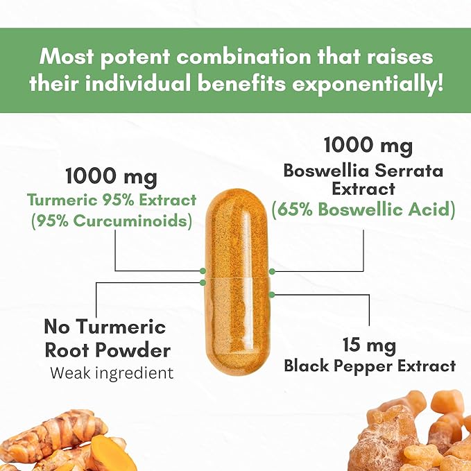 Turmeric Boswellia Extract Supplement 2000 mg – Extra Strength Boswellia Serrata with Turmeric Curcumin - 95% Curcuminoids with Boswellia Extract Capsules - Standardized High Potency - Made in USA