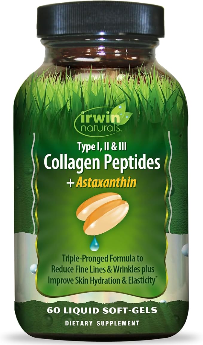 Irwin Naturals Collagen Peptides + Astaxanthin Type I II &amp III 60 Liquid Soft-Gels