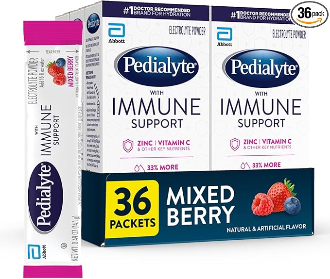 Pedialyte with Immune Support Electrolyte Drink Powder with Vitamin C and Zinc Advanced Hydration Mixed Berry 36 Powder Packets