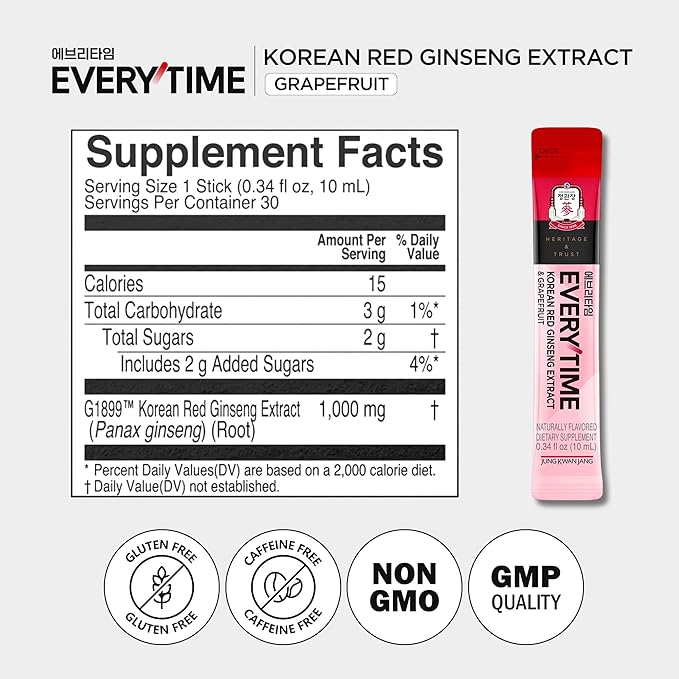 JUNG KWAN JANG Everytime Energy Boost Korean Red Ginseng Extract 1000mg &amp Honey - Vegan Ginseng Energy Drink Liquid Stick Supplements - Builds Stamina &amp Immunity No Caffeine (10 Sticks 0.34