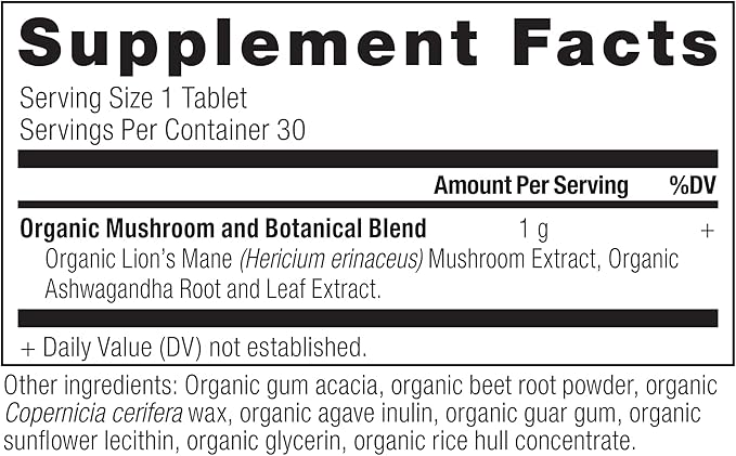 Organic Lion's Mane Mushroom Supplement with Ashwagandha by Ancient Nutrition Organic Lion's Mane Supports Healthy Energy and Concentration Reduces Fatigue Gluten Free and Keto Friendly 30 Tablets