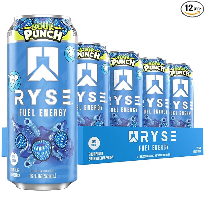 RYSE Fuel Energy Drink - Sour Punch Blue Raspberry - Sugar Free Gluten Free &amp Vegan - 200mg Natural Caffeine Taurine &amp Choline for Focus &amp Energy - No Artificial Colors - 16 fl oz Cans (