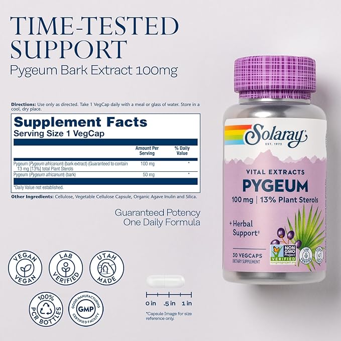 SOLARAY Pygeum Bark Extract One Daily 100mg | Healthy Prostate Support | Guaranteed to Contain 13 mg Total Plant Sterols | 30 VegCaps
