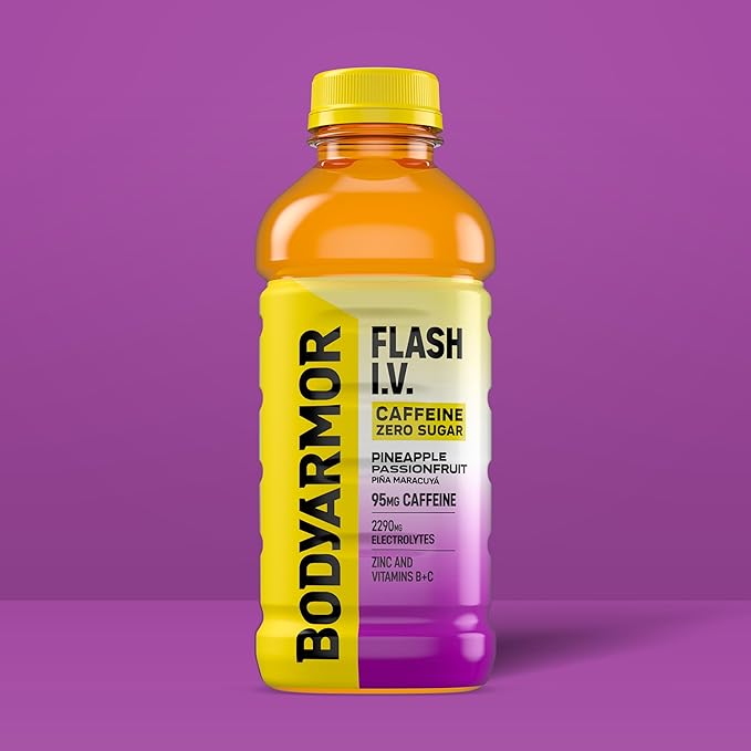 BODYARMOR Flash I.V. Zero Sugar + Caffeine Pineapple Passionfruit Electrolyte Beverage Hydration Drink For Rapid Rehydration Post Workout Recovery 20 Fl Oz (Pack of 12)