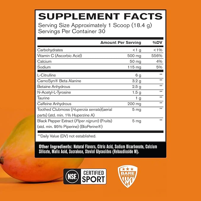 BARE PERFORMANCE NUTRITION BPN Flight Pre Workout Supports Energy and Mental Focus Improved Endurance &amp Muscle Pumps with CarnoSyn® Beta Alanine Mango 30 Servings