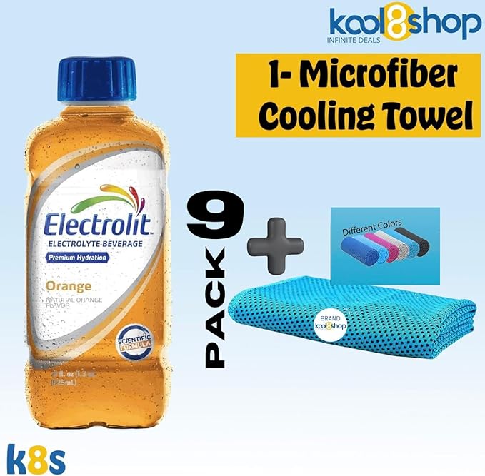 Electrolit Orange Hydration Drink with Electrolytes 21 fl oz Plastic Bottles 9 Pack + 1 Microfiber Cooling Towel by KOOL8SHOP Infinite Deals