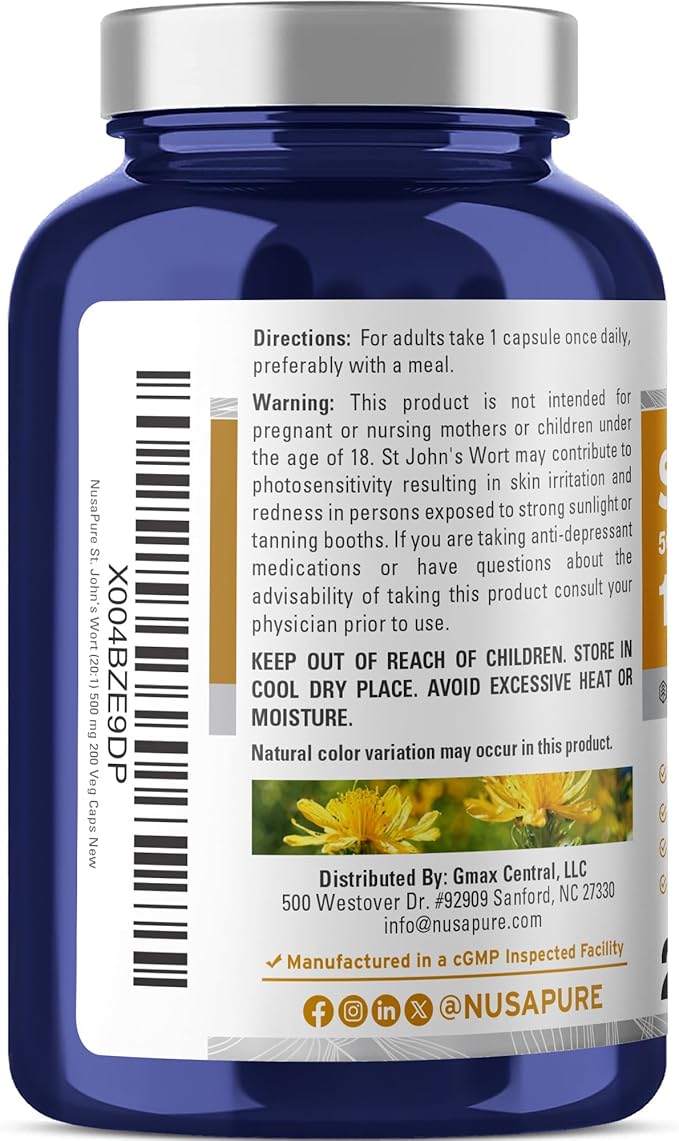 NusaPure St. John's Wort Extract 20:1 - Suitable for Vegetarian/Vegan Non- GMO - 10000mg - 200 Capsules
