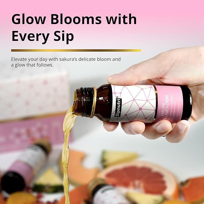 Sakura Collagen Drink - 3000mg Marine Peptides Liquid Shot for Women and Men Hydrolyzed with Cherry Blossom &amp Mangosteen Extract Supports Skin Hydration Hair &amp Nail Health – 1.69 fl oz x10