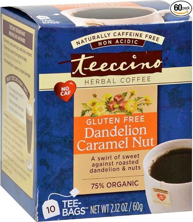 Teeccino Gluten Free Organic Chicory Herbal Tea Dandelion Caramel Nut Tea Bags Caffeine Free Acid Free 10 Count (Pack of 6)6