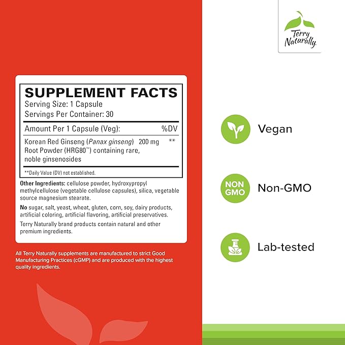 Terry Naturally HRG80 Red Ginseng Energy - Supplement to Support Healthy Energy &amp Focus - Herbal Supplement with Korean Red Ginseng Root Powder - Vegan Tablets to Aid Healthy Endurance - 30 Capsul