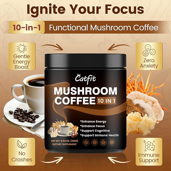 Catfit Instant Mushroom Coffee Powder 10-in-1 Adaptogen Blend with Lion's Mane Chaga &amp Cordyceps for Energy Focus Gut Health &amp Immune Support - 320g 100 Servings