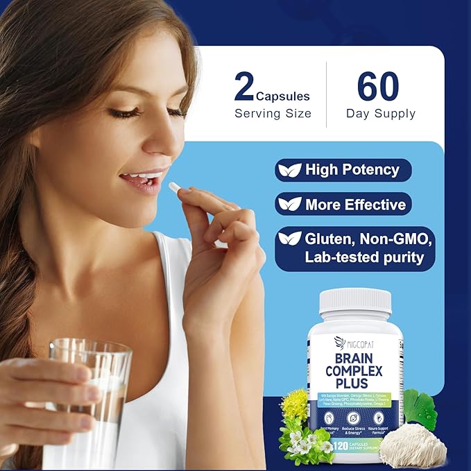 2-Pack Brain Supplements for Memory &amp Focus | Nootropic with Bacopa Lion's Mane Alpha GPC | Mental Clarity &amp Cognitive Support | Vitamin B6 &amp B12 – 240 Caps (120/Bottle)