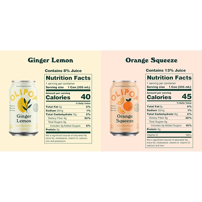 OLIPOP - Summer Fun Variety Pack Orange Squeeze &amp Lemon Ginger Healthy Soda Variety Pack Prebiotic Soft Drink Supports Digestive Health High Fiber Low Calorie Low Sugar (12 oz 12-Pack)