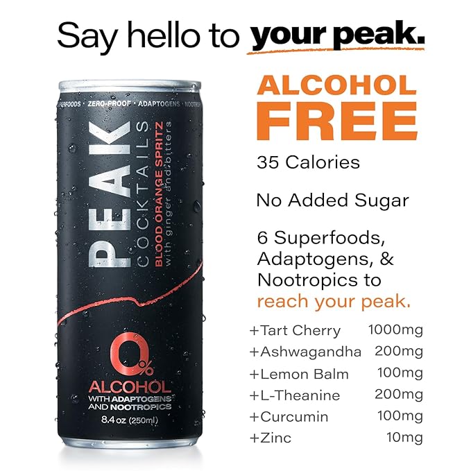 Peak Cocktails Non-Alcoholic Cocktail | Adaptogens Nootropics Superfoods for Calm Recovery and Sleep | Ashwagandha Tart Cherry L-Theanine | Mixologist-made | Blood Orange Spritz | 8.4oz 48-Pack