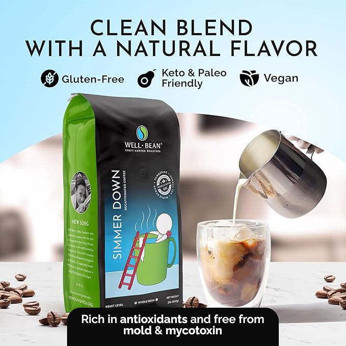Well-Bean Coffee - Simmer Down Colombian Coffee Beans Decaf Coffee Swiss-Water-Processed Whole Bean Coffee Vegan Decaf Coffee Beans Light Roasted Coffee 2 lb Coffee Bag