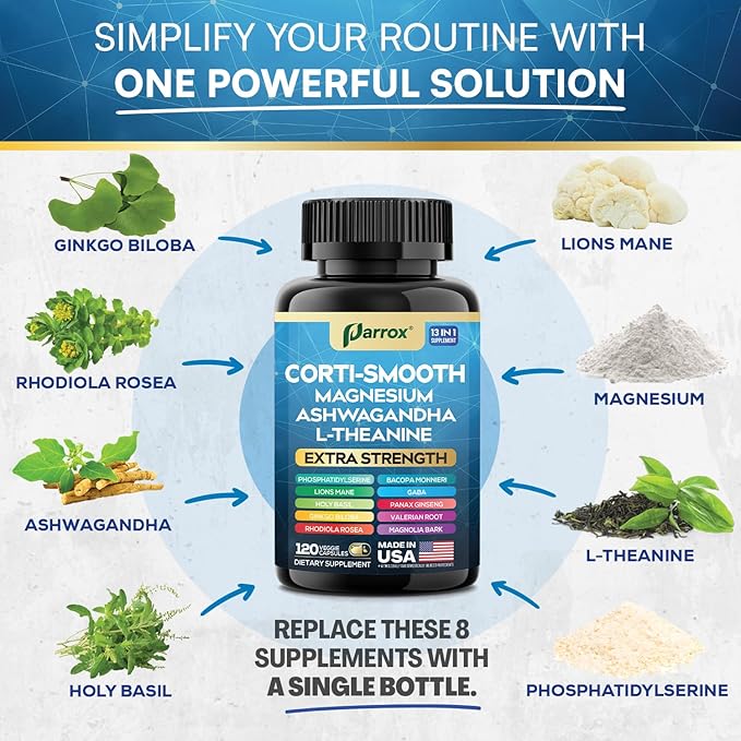 Corti-Smooth Cortisol Supplement Magnesium L-Theanine Ashwagandha Magnolia Bark Panax Ginseng Bacopa Monnieri GABA Lions Mane Ginkgo Biloba Phosphatidylserine Valerian Root (120 Caps)