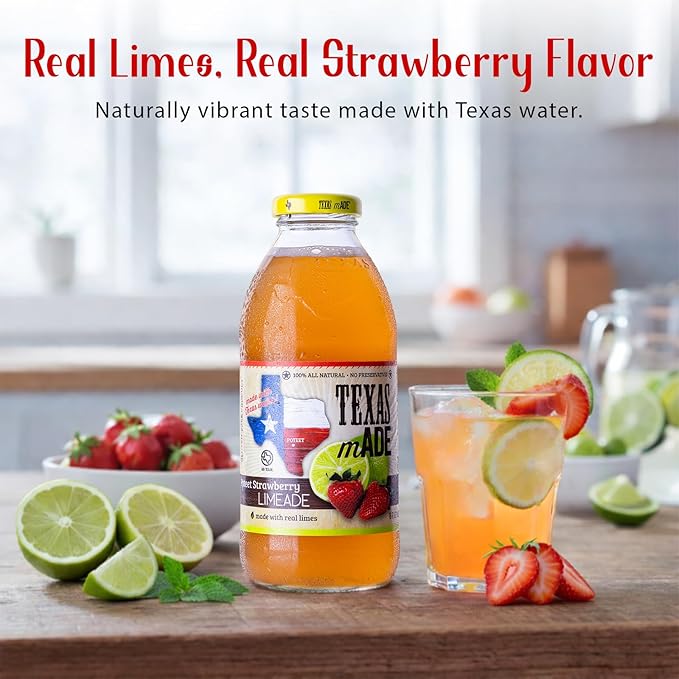 Texas mADE Poteet Strawberry Limeade Limeade Made with Pure Cane Sugar and Strawberry Flavor No Preservatives Texas Crafted Limeade 16 fl oz Pack of 12
