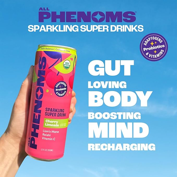 All Phenoms Daily Balance Sparkling Organic Prebiotic &amp Probiotic Drink - Adaptogen Mushroom Blend (500mg of Lions Mane &amp Reishi) Vit C Zinc (Non-Caffeinated No Stevia) - Cherry Limeade 12