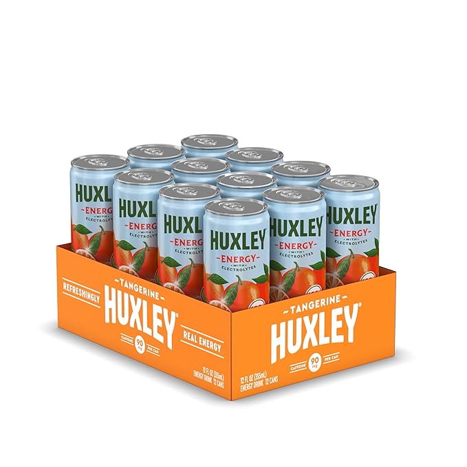 Huxley Superfruit Energy Drink Tangerine 90mg Natural Caffeine Electrolytes for Hydration 100% Real Ingredients 5g Organic Cane Sugar No Artificial Sweeteners or Flavors L-theanine for Sustaine