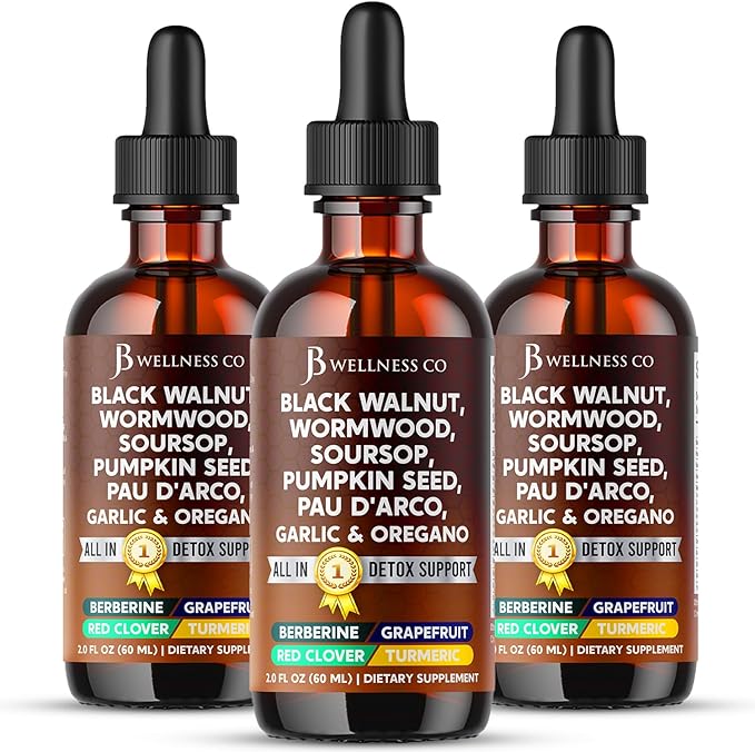 Wormwood Black Walnut Cleanse for Humans Drops Liquid Soursop Garlic Pumpkin Seed PAU D'Arco Oil of Oregano Turmeric Berberine Neem Extract Hull Bark Tincture - 6 oz