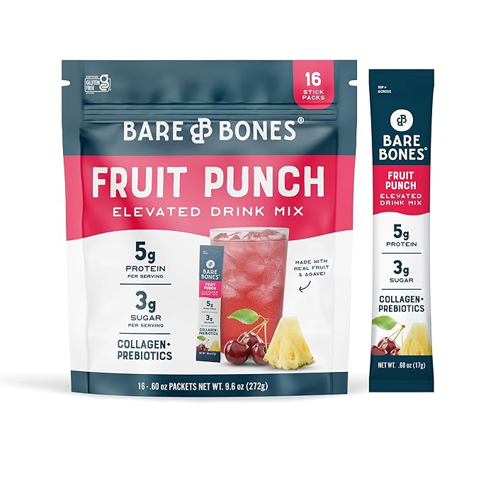 Bare Bones Fruit Punch Elevated Drink Mix | Collagen &amp Prebiotics | Gluten-Free &amp Naturally Sweetened | On-the-Go Stick Single-Serve Packs Powdered Refreshment | 5g Protein | 16 Packets (.60 o