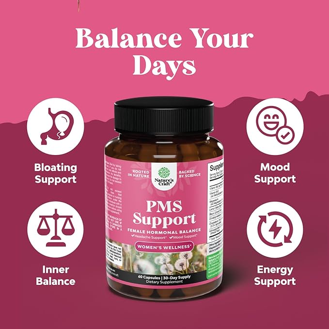 PMS Support Supplement for Women – Hormone Balance for Women &amp Menstrual Discomfort with DIM Chasteberry Black Cohosh &amp Ashwagandha - for Period Cramps Ease Menopause Bloating Mood Swing –